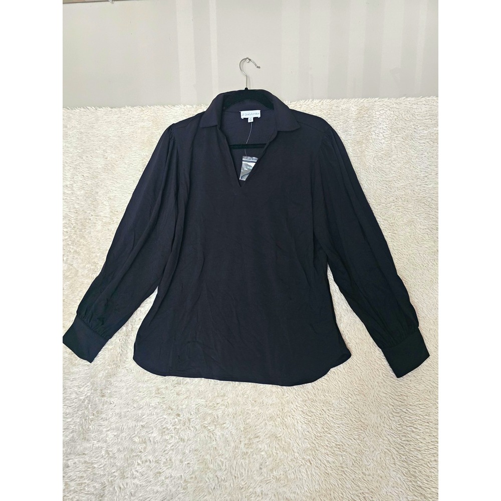 Stacy London Black Solid Knit Collared Long Sleeve Pullover Top Size M